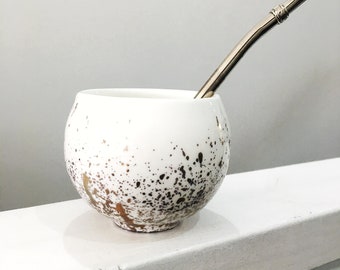 Yerba Mate Mug with Gold Splash, White Ceramic Mate Gourd, Textured Mate Cup