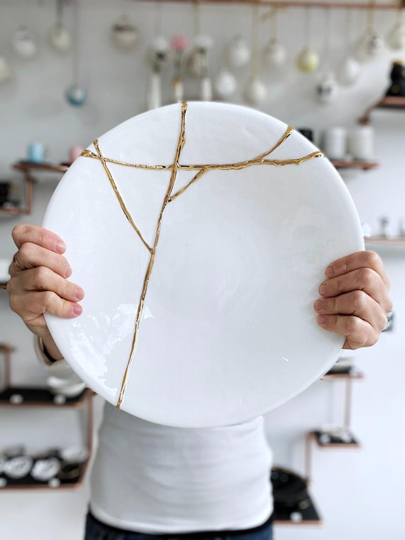 Large Kintsugi Bowl: White Bone China Platter with Gold