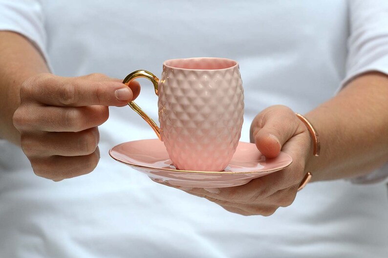 Pink Coffee Cup with Gold Handle, Small Handmade Cup and Saucer image 4