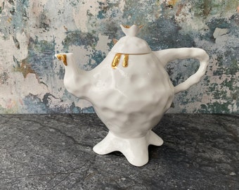 White Ceramic Teapot, Alice in Wonderland Teapot, Whimsical Porcelain Teapot