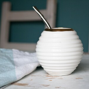 Mate Gourd, White Ceramic Mate Mug, Gold Rimmed Mate Cup image 9