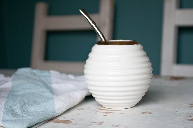 Mate Gourd, White Ceramic Mate Mug, Gold Rimmed Mate Cup image 9