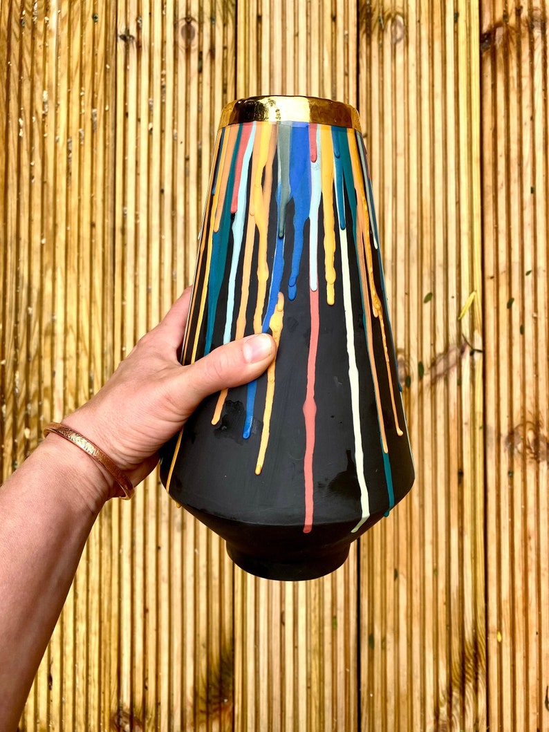 Large Vase with Colourful Drips and Gold Band image 4