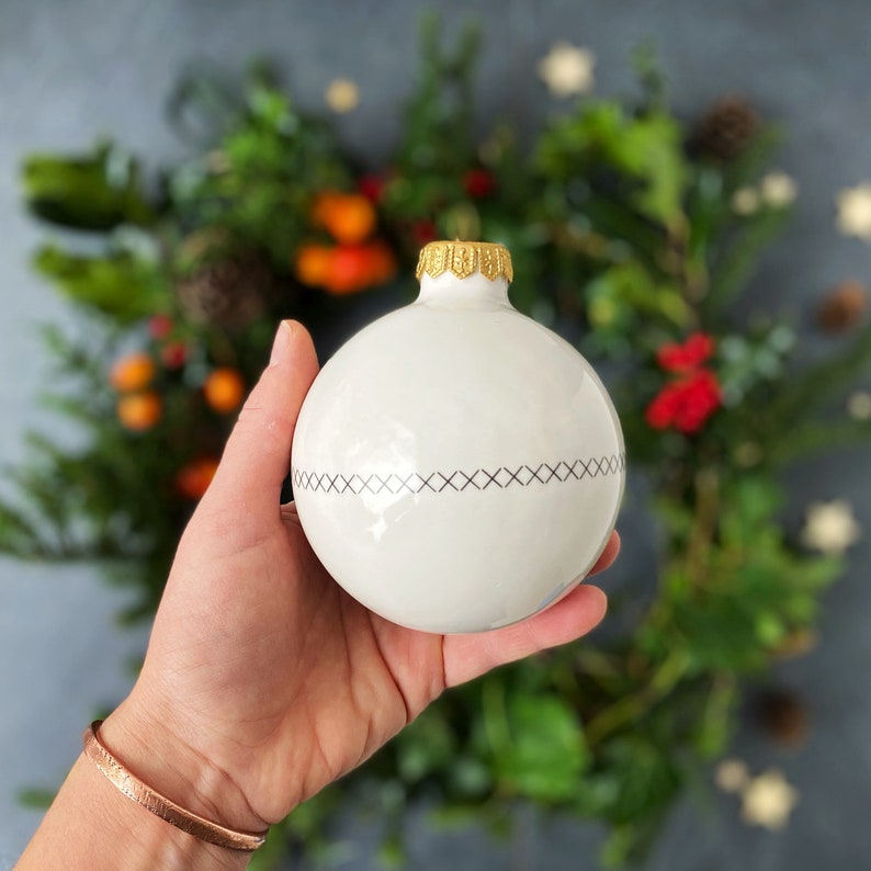 White Christmas Ornament with Cross Stitch Pattern, White Christmas Bauble, Ceramic Ornament image 2