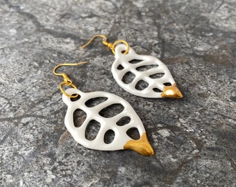 Filigree Leaf Earrings, Porcelain Drop Earrings