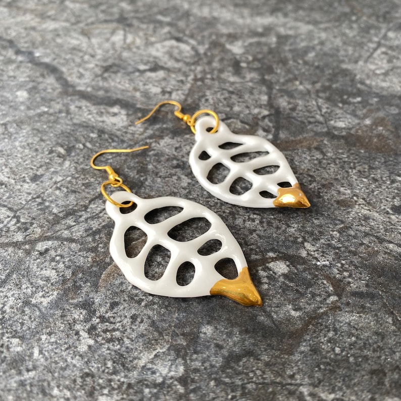 Filigree Leaf Earrings, Porcelain Drop Earrings image 1