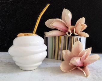 Ceramic Mate Gourd with Gold Rim, White Porcelain Mate Mug, Yerba Mate Cup