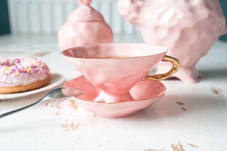 Alice in Wonderland Teacup and Saucer, Whimsical Porcelain Teacup plated with Genuine Gold Pink