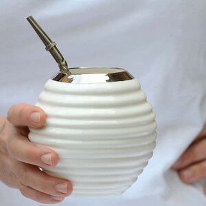 Mate Gourd, White Ceramic Mate Mug, Gold Rimmed Mate Cup image 2
