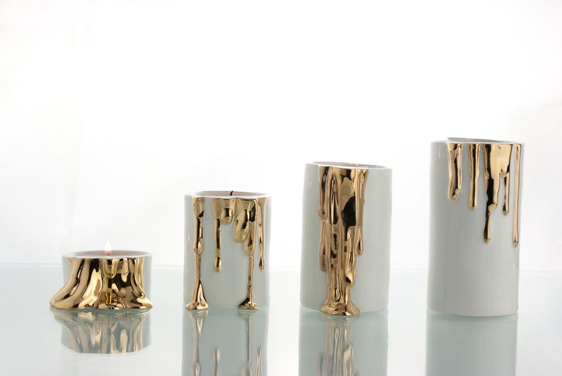 Ceramic Candle Holders with Dripping Gold, Candle Holder Centerpiece image 8