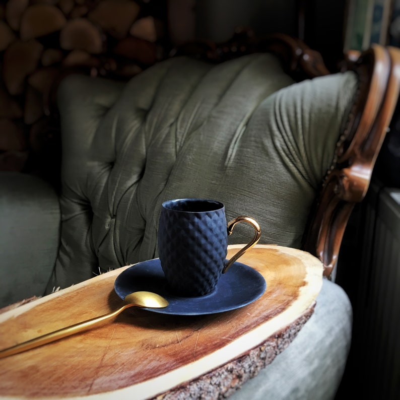 Small Black Textured Coffee Cup with Gold Handle