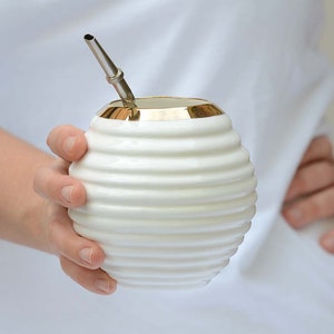 Mate Gourd, White Ceramic Mate Mug, Gold Rimmed Mate Cup image 1