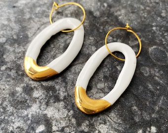 Porcelain and Gold Hoop Earrings, White or Black Ceramic Hoop Earrings