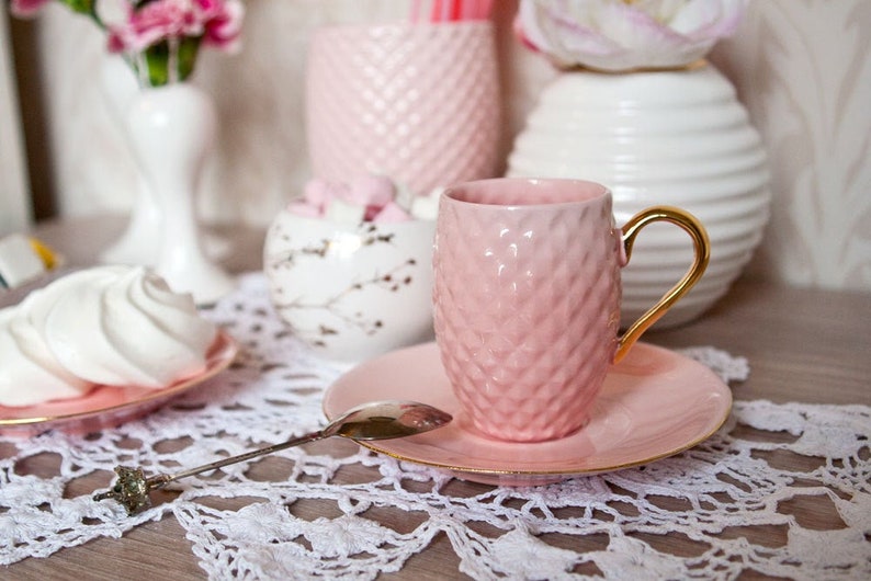 Pink Coffee Cup with Gold Handle, Small Handmade Cup and Saucer image 1