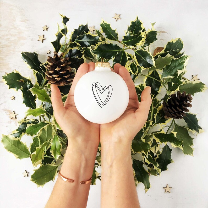 White Christmas Bauble with Heart, Minimalist Christmas Bauble, Christmas Tree Decoration image 1