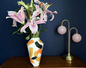 Large Flower Vase with Bold Orange Strokes