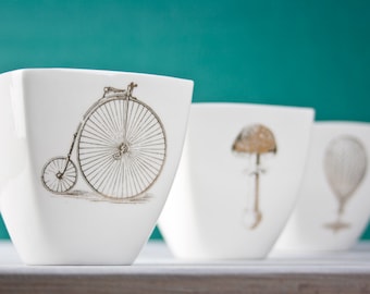 Tazza con bici, tazza in porcellana bianca con bicicletta d'epoca, regalo per gli amanti della bicicletta, vaschetta per yogurt, tazza di frappè