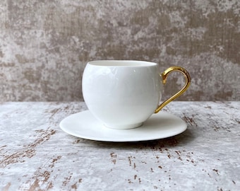 Teacup and Saucer with Gold Handle, Minimalist Wedding Gift