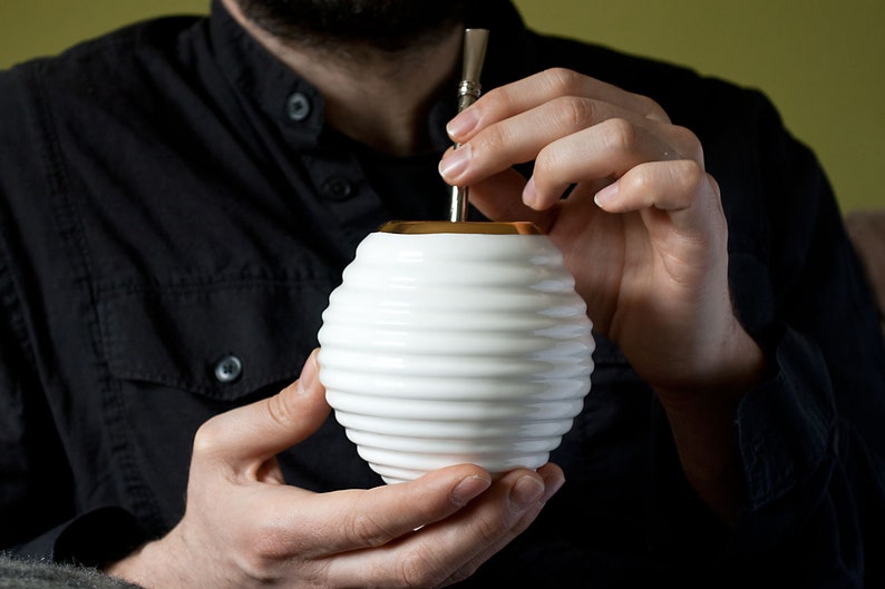 Mate Gourd, White Ceramic Mate Mug, Gold Rimmed Mate Cup image 8