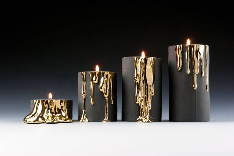 Black and Gold Candle Holders, Modern Ceramic Candlesticks, Dripping Gold Candleholders, Halloween Decor zdjęcie 9