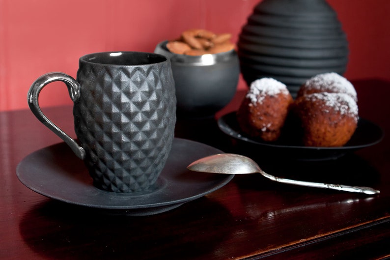 Small Black Textured Coffee Cup with Silver Handle
