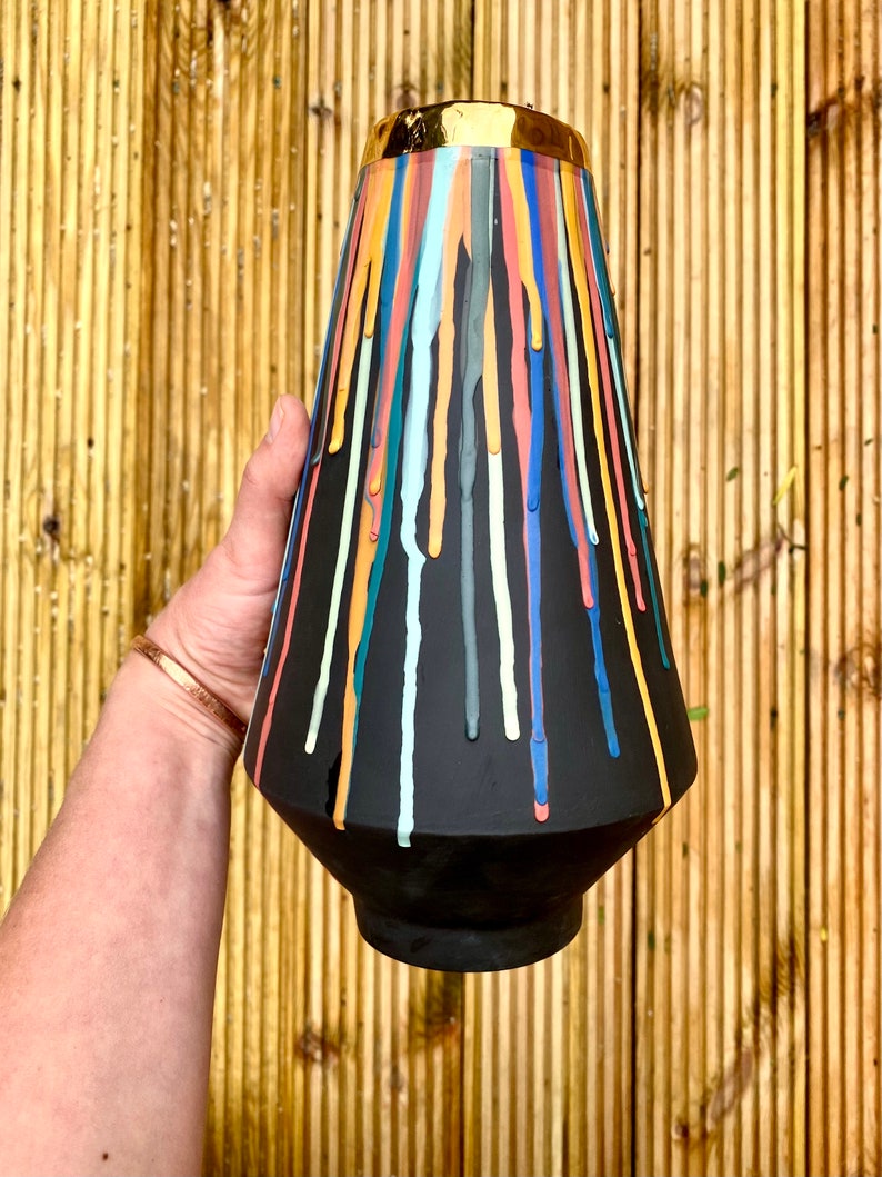 Large Vase with Colourful Drips and Gold Band image 3