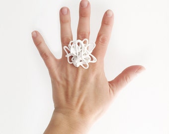 Porcelain Ring, White Doodle Ring, Satement Ring, Wearable Art