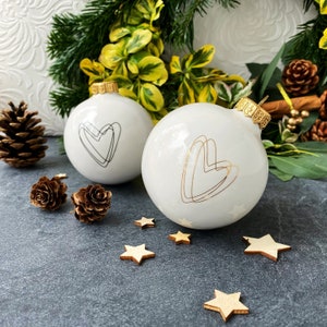 White Christmas Bauble with Heart, Minimalist Christmas Bauble, Christmas Tree Decoration image 4