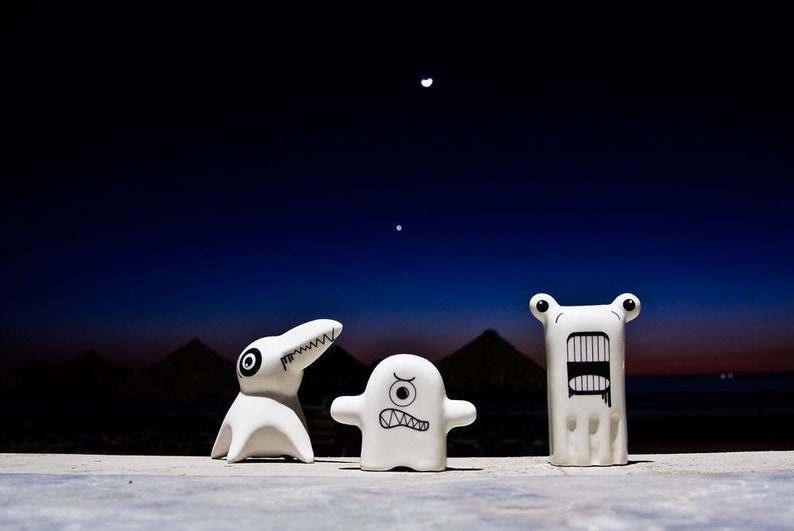 Funny Monsters Ceramic Figurines, Porcelain Figurines Set of three, Modern Kawaii Figurines image 1