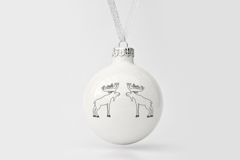 White Christmas Bauble Handmade Christmas Ornament with Moose Scandi Christmas Ornament