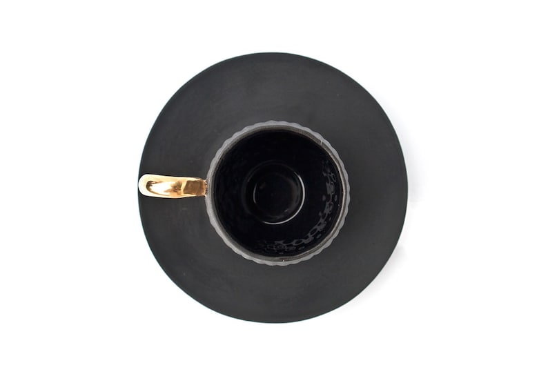 Small Black Textured Coffee Cup with Gold Handle