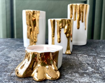 Ceramic Candle Holders with Dripping Gold, Candle Holder Centerpiece