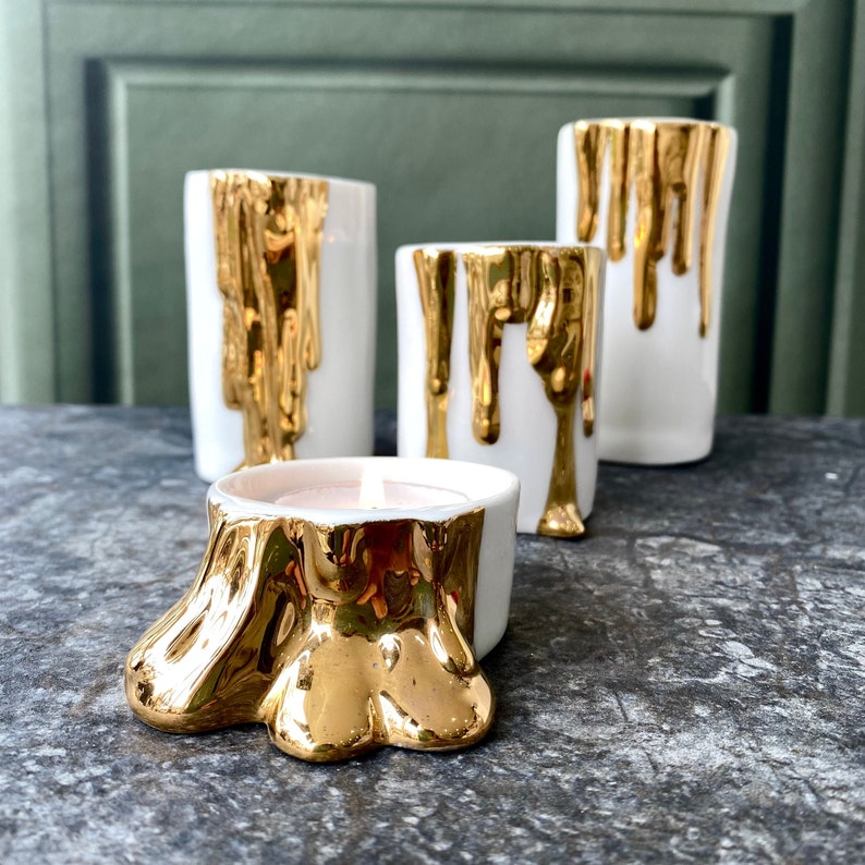 Ceramic Candle Holders with Dripping Gold, Candle Holder Centerpiece image 1
