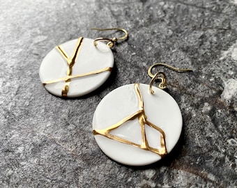 Kintsugi Earrings, White Disc Earrings With Gold Joinery