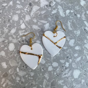 Kintsugi Hearts Earrings, Porcelain and Gold Dangly Earrings