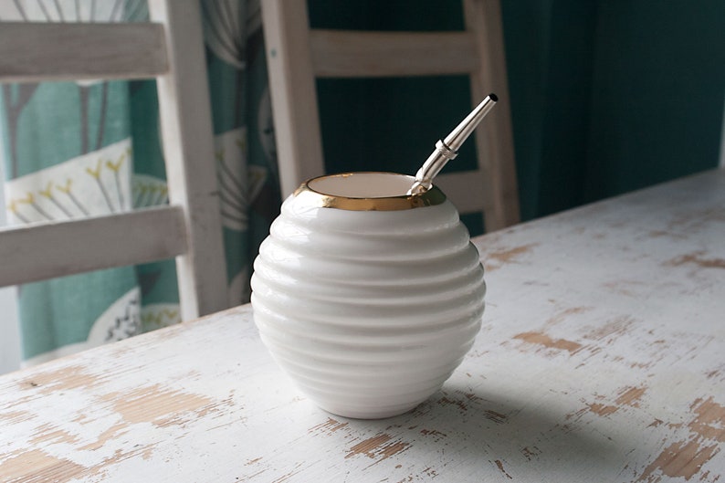 Mate Gourd, White Ceramic Mate Mug, Gold Rimmed Mate Cup image 3