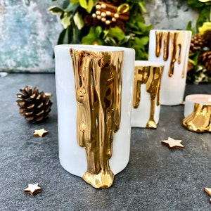 White and Gold Tea Light Holders With Dripping Wax