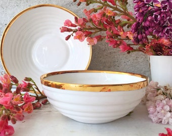 Gold Rimmed Porcelain Bowl, Stackable Serving Bowl,Elegant Ceramic Bowl