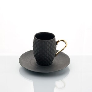 Small Black Textured Coffee Cup with Gold Handle