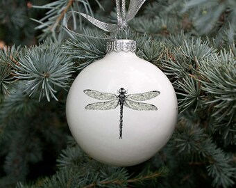 Big Ceramic Ornament with Dragonfly, White Chrismas Bauble, Modern Christmas Decoration