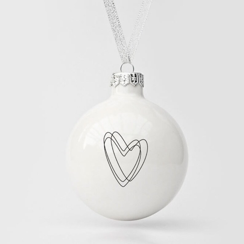 White Christmas Bauble with Heart, Minimalist Christmas Bauble, Christmas Tree Decoration image 5