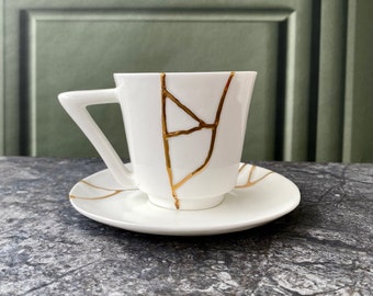 Kintsugi Cup and Saucer, Handmade Coffee Cup, Mother's Day Gift