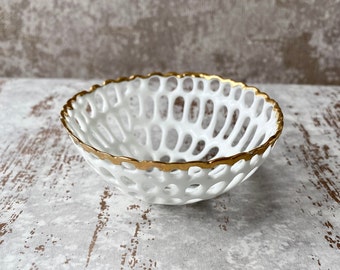 Lace Porcelain Bowl Plated with Gold, Small Decorative Trinket Dish