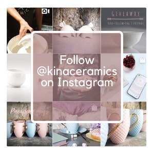 K&ouml;nnte beinhalten: Eine Collage aus Bildern mit handgefertigten Keramikbechern, Schalen und anderen Keramikwaren. Der Text "Follow @kinaceramics on Instagram" wird in einem rosa Kasten angezeigt.