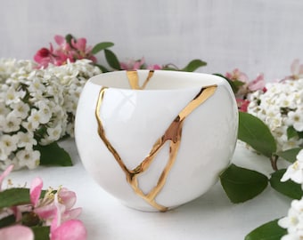 Tazza da tè Kintsugi, tazza da tè giapponese bianca e oro, portacandele Kintsugi