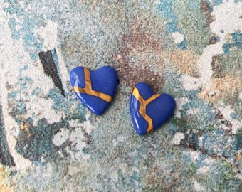 Aretes de corazón Kintsugi, aretes de porcelana