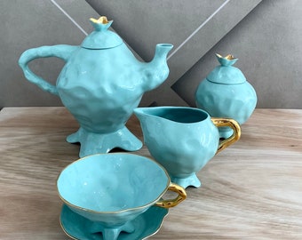 Alice in Wonderland Tea Set, Quirky Mint Tea Set Plated with Real Gold
