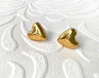 Gold Heart Stud Earrings, Heart Shaped Porcelain Earrings Plated with Real Gold