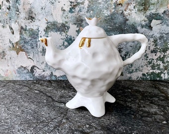 White Ceramic Teapot, Alice in Wonderland Teapot, Whimsical Porcelain Teapot