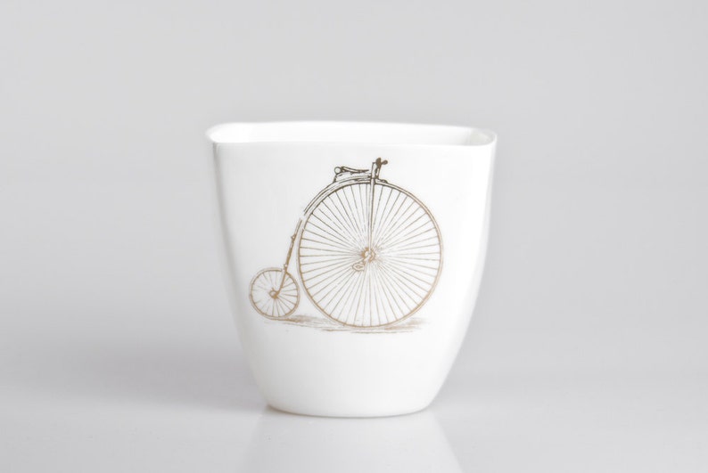 Mug with Bike, White Porcelain Mug with Vintage Bicycle, Bike Lovers Gift, Yogurt pot, Milkshake cup image 2